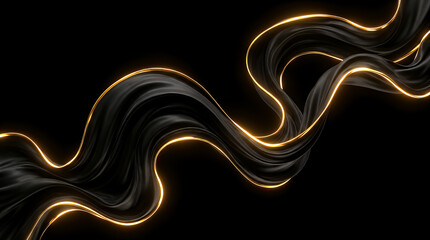 Naklejka premium Fabric wave of black material features a luminous gold border that curls elegantly across the frame to provide a versatile and stylish backdrop for premium marketing materials and visual displays.