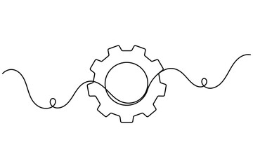 Obraz premium Engineering cog gear wheel icon sign continuous one line drawing on white background minimalist single art success business work symbol outline vector illustration