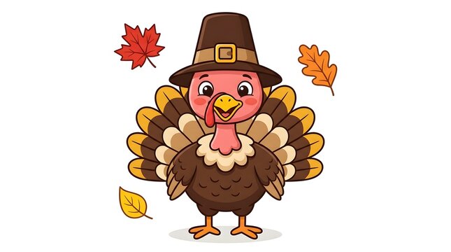 A cute cartoon turkey wearing a pilgrim hat surrounded by colorful autumn leaves to celebrate a festive and joyful happy thanksgiving day holiday