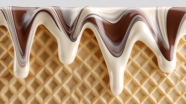 Swirling Vanilla and Chocolate Ice Cream on Waffle Texture