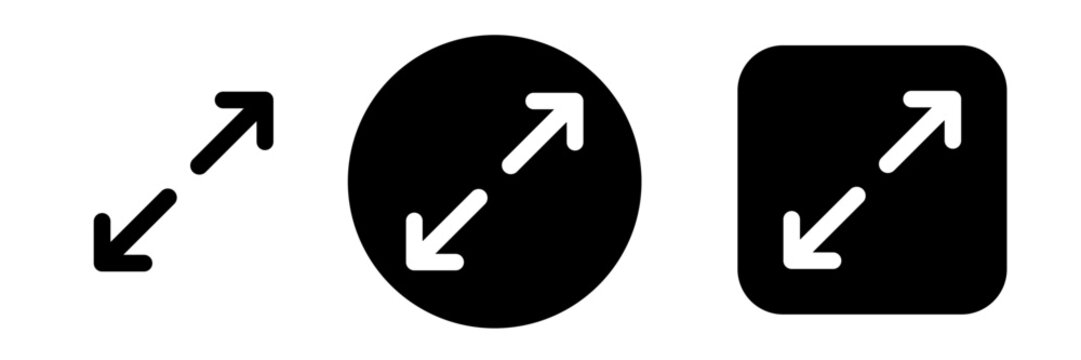 Expand arrow icon set with diagonal resize symbols. Full screen and maximize controls for window management, web applications and display controls
