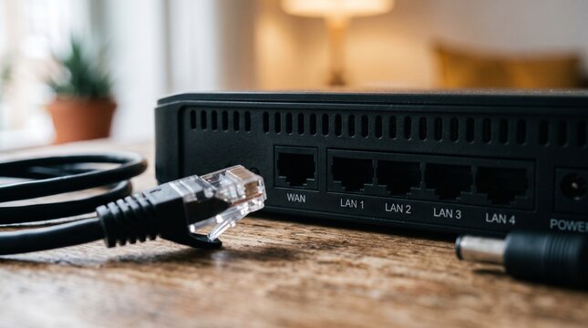 Internet network router with connected ethernet LAN cable and flashing indicator lights on wooden desk