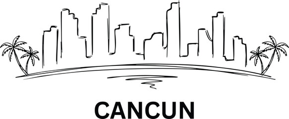 Cancun skyline drawing with palm trees and tropical beach shore, simple hand sketched silhouette of city buildings by ocean waves in Mexico travel theme © Bakalia