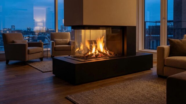 Cozy living room ambiance with modern fireplace and cityscape view