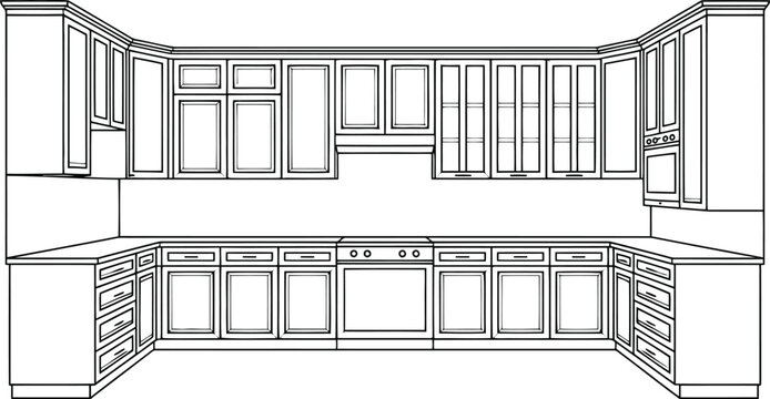 Black and white line of a u-shaped kitchen cabinet layout cabinetry