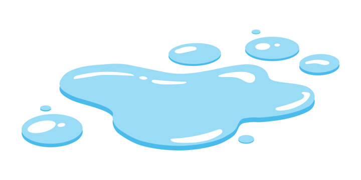 Water puddle vector illustration with liquid spill droplets. Cartoon blue aqua splash mark clipart, wet surface clean pure water drop element template.