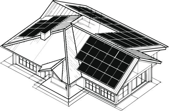 Isometric line of a house roof with solar panel arrays panels energy