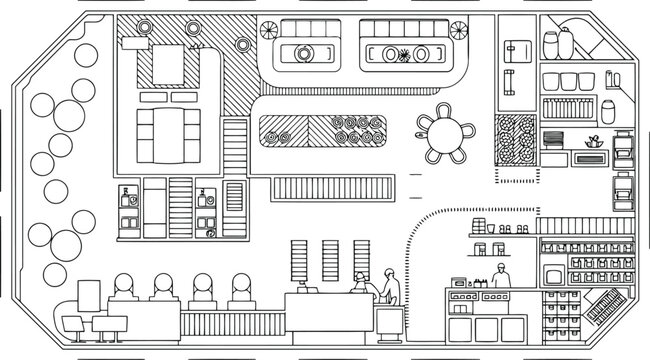 Architectural floor plan of a cafe with seating and kitchen area