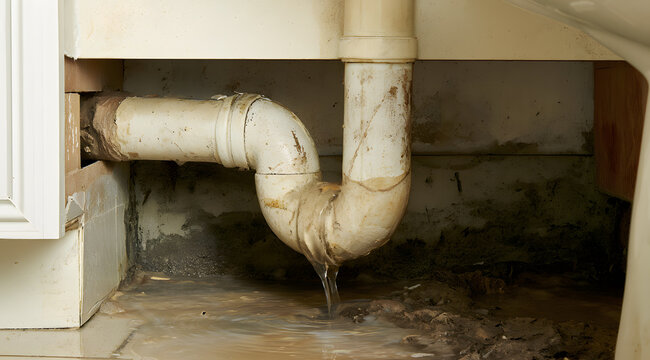 A bathroom sink drain pipe is leaking, causing water damage underneath the counter