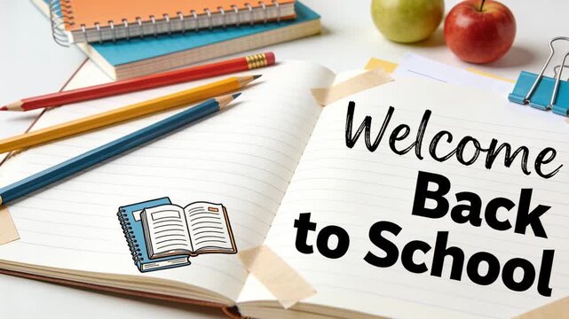 Zooming camera bringing open notebook closer at desk to highlight taped Welcome Back to School note