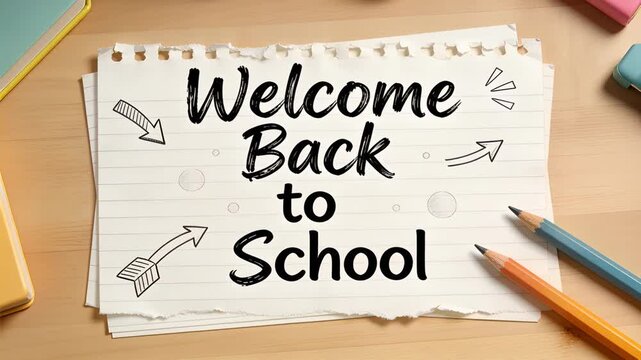 Pulling back camera revealing torn sheet bearing Welcome Back to School on warm desk for greeting