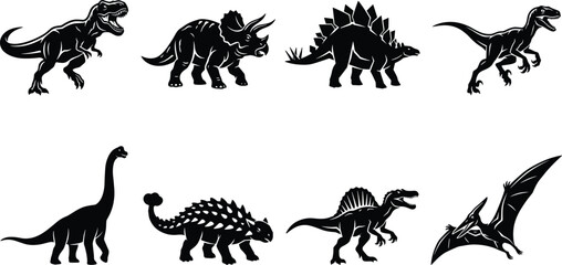 Dinosaur silhouette vector set featuring Tyrannosaurus Rex, Triceratops, Stegosaurus, Brachiosaurus, Spinosaurus, and Pterodactyl linocut laser cut templates © MdSagor