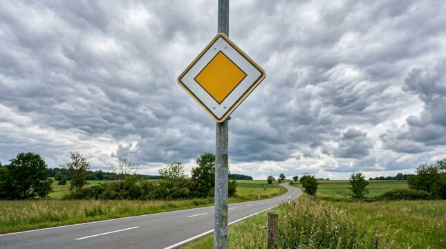 Roadside Priority Sign Amidst Dramatic Sky in Rural Landscape