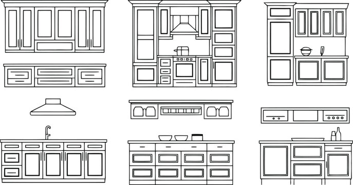 Architectural line bundle of kitchen cabinetry and appliances, set 3