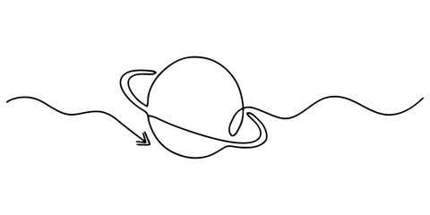Continuous single line drawing of a planet with rings and a shooting star tail moving through space as a simple minimalist artistic symbol design Vector, illustration © RK Drawing Gallery