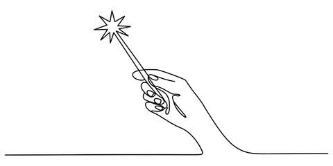Continuous one line drawing of a human hand holding a magic wand with a star shape on top for fantasy and fairy tale concepts for kids and design Vector, illustration © RK Drawing Gallery