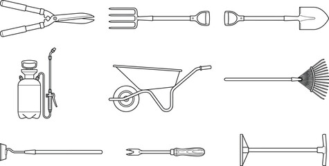 Gardening tools line art vector set featuring wheelbarrow shovel shears rake sprayer and pitchfork equipment icons © MdSagor