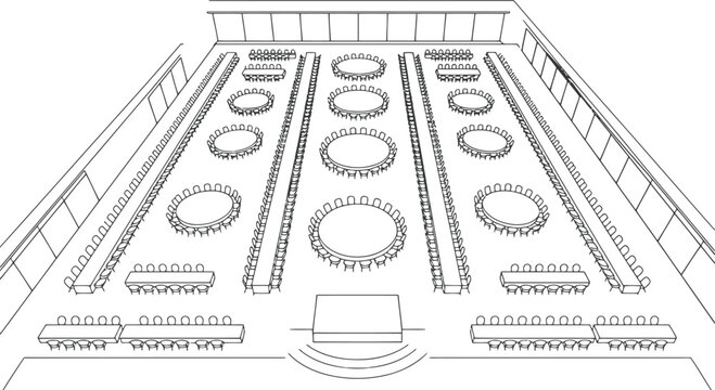 Banquet hall seating layout with round and rectangular tables, line