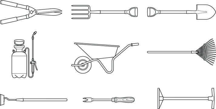Gardening tools line art vector set featuring wheelbarrow shovel shears rake sprayer and pitchfork equipment icons