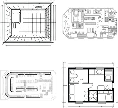 Architectural floor plans, four black and white technical architecture