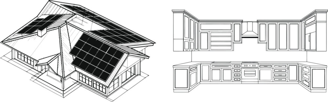 Solar roof house isometric view and kitchen cabinetry line panels