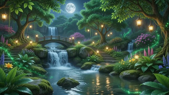 Magical Fantasy Garden at Night with Waterfall and Glowing Lanterns