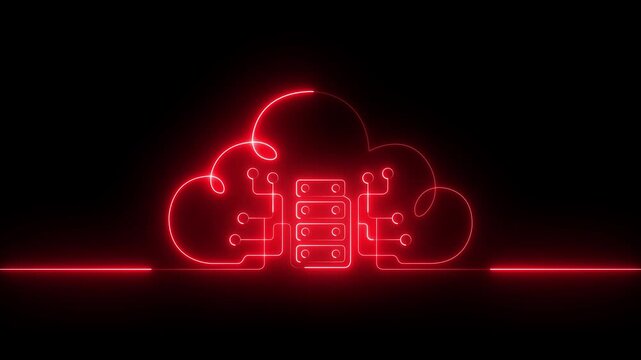 glowing neon cloud server and data network icon isolated on black background. cloud icon above server stack represents secure cloud storage and data protection in digital technology environment.