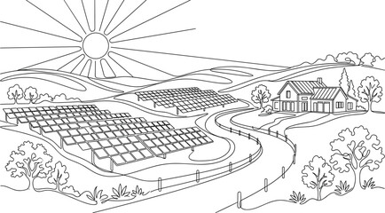 Fototapeta premium Solar farm and rural house landscape line art vector illustration featuring photovoltaic panels shining sun and rolling hills