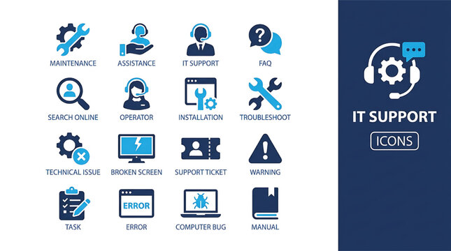 IT support icon set with troubleshooting and technical assistance