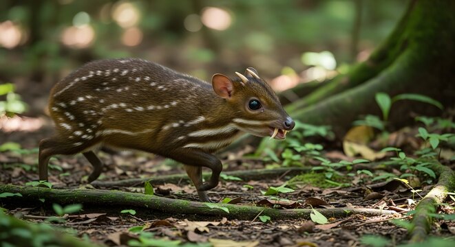 Mouse deer walking in the forest. Small chevrotain animal in its natural jungle habitat.