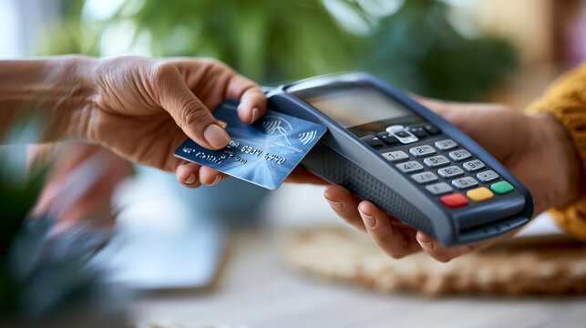 Close up of a hand holding a credit card and making a contactless payment at a bright terminal clean light background with soft daylight credit card contactless payment