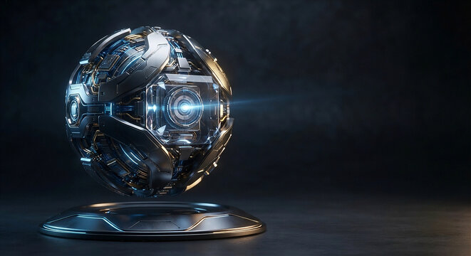 High-Tech Levitating Sphere on Metallic StandLuxury Cyber-Mechanical Artifact 3D Render