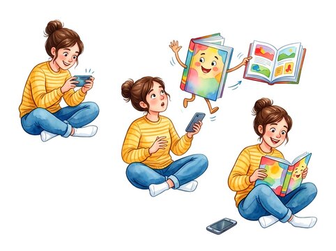 Friendly Book Reading Guide Watercolor Illustration, Storytelling Character, Learning Concept, 3 Poses Isolated on white background 