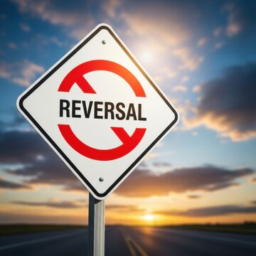 Road Sign For Reversal At Sunset With Dramatic Clouds