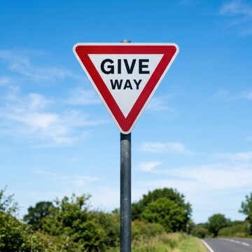 Road Safety Give Way Traffic Sign Against Blue Sky Background