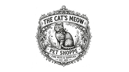 Fototapeta premium Cat Logo with Text the Cat's Meow Pet Shoppe Fine Pets and Supplies Est 1892 Featuring Vintage, Illustration