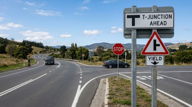 Road Safety T-Junction Traffic Signs With Cars And Bicycle On Scenic Highway