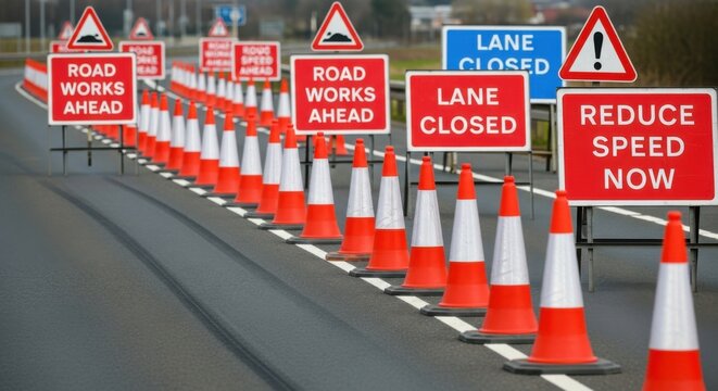 Road Safety Traffic Cones And Diversion Signs For Roadworks