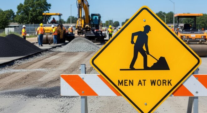 Road Construction Site With Men At Work Traffic Sign