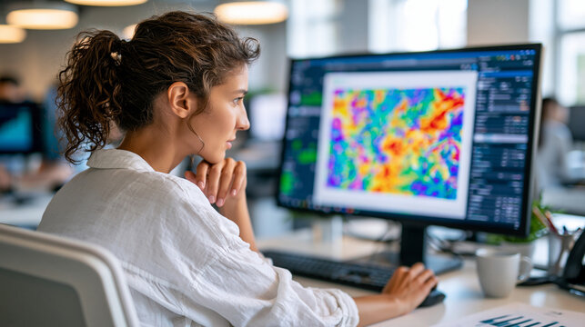 Rear view of an attractive european businesswoman editing a customer journey heatmap using bright digital technology on a large screen in a clean sunlit office colorful heat