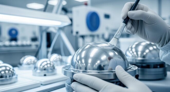 Clean sterile lamination zone focusing on anticorrosion coatings being applied to underwater acoustic modem transducer surfaces.