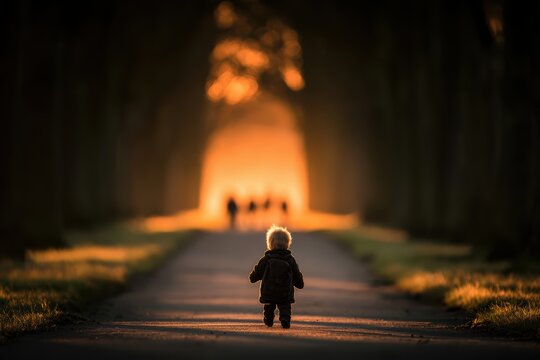 Small boy walking away down a long tree-lined path toward a group of children in warm autumn light