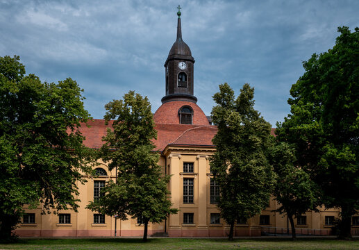 Historic St. Mary's Church in Neuruppin with dramatic cloudy sky