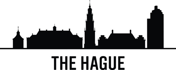 Obraz premium The Hague skyline, black silhouette of Dutch city landmarks featuring historic church towers, government buildings, and modern high-rise architecture profile