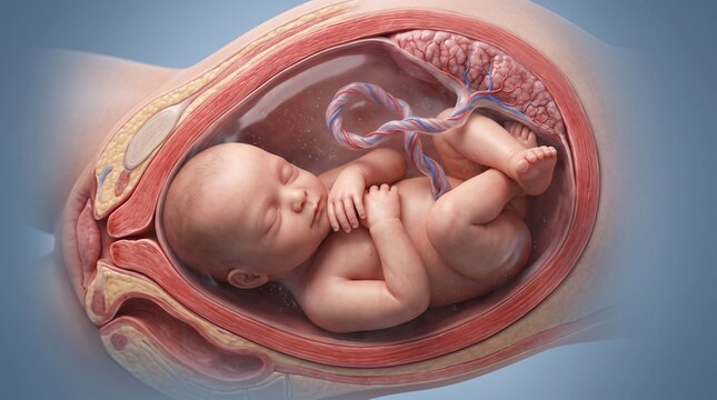Human Fetus Inside Uterus Showing Advanced Prenatal Development Medical Three Dimensional Anatomy Illustration