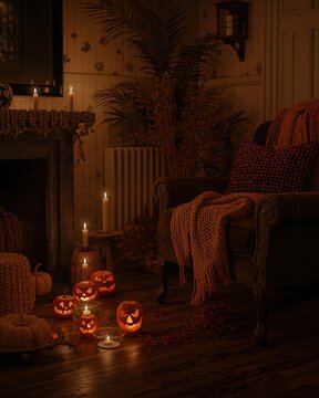 Habitaci&oacute;n oscura de Halloween con sillones antiguos, velas y decoraci&oacute;n oto&ntilde;al tenebrosa