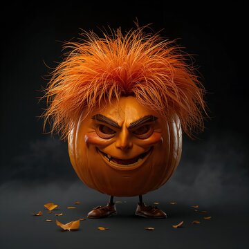 Calabaza sonriente de Halloween con pelo naranja desordenado y expresi&oacute;n malvada