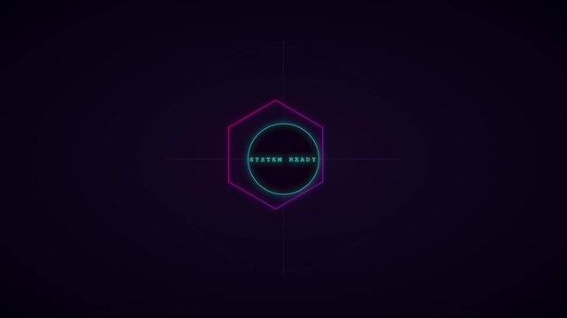 System ready neon hud interface animation with pulsing digital circles and geometric hexagon 4k