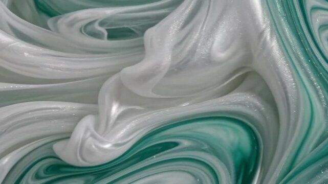 Macro Fluid Dynamics of Emerald Green Ink and Pearl White Paint