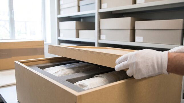 Gloved hands placing the lid on a custom wooden shipping crate containing carefully wrapped archival artifacts